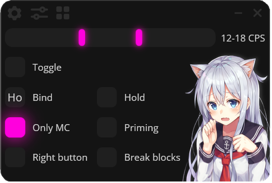 Deep clicker interface in dark mode showing CPS sliders and feature toggles